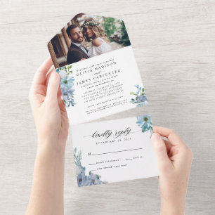 Invitación Todo En Uno Elegante Boda de fotografía de color azul vertigin