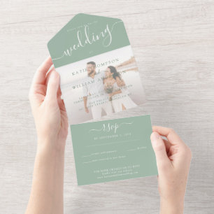 Invitación Todo En Uno Elegante Boda de fotografía de la caligrafía verde