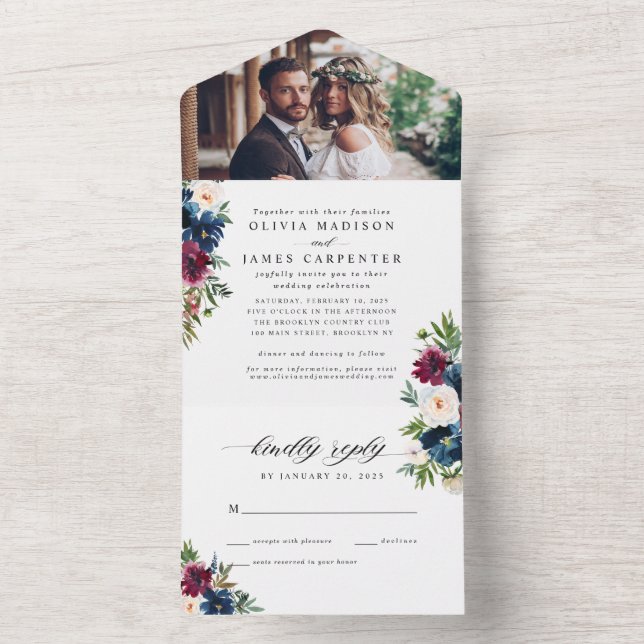 Invitación Todo En Uno Elegante Boda de fotografía floral de la Marina Az (Interior)