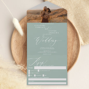 Invitación Todo En Uno Elegante boda de fotografía verde sabio