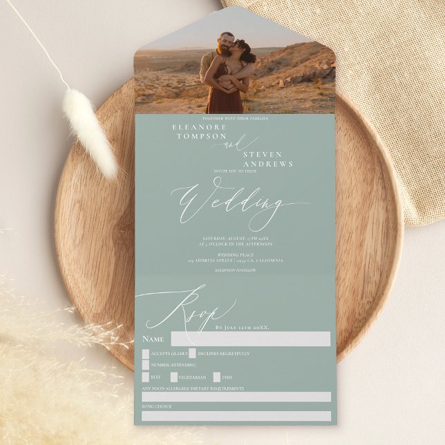 Invitación Todo En Uno Elegante boda de fotografía verde sabio (Subido por el creador)