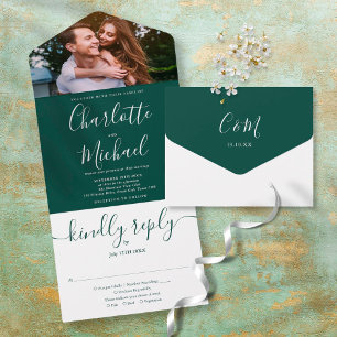 Invitación Todo En Uno Elegante Boda de fotografías de guion verde esmera