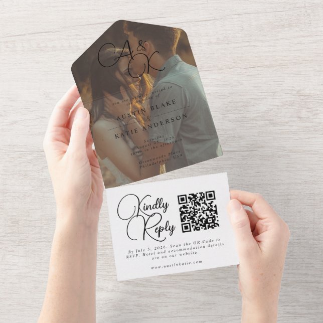 Invitación Todo En Uno Elegante Boda de fotografías de Monograma Blanco N (desgarro)