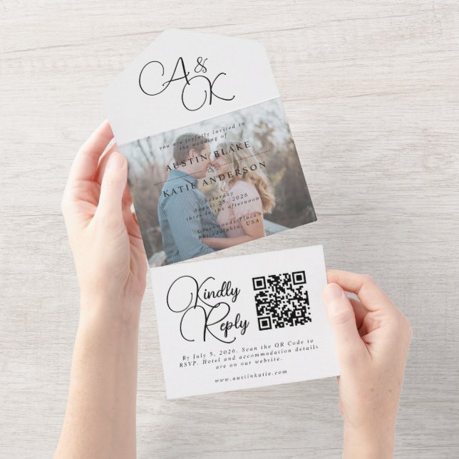 Invitación Todo En Uno Elegante Boda de fotografías en Monograma Blanco N (desgarro)