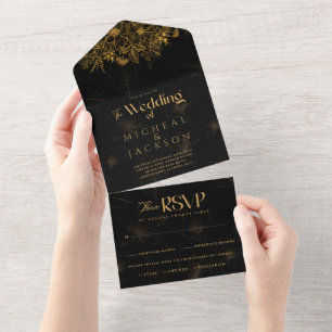 Invitación Todo En Uno Elegante Boda de fotografías florales en negro y o
