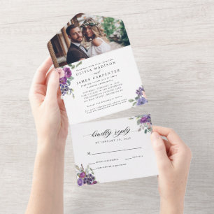 Invitación Todo En Uno Elegante Boda de fotos de color morado floral