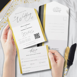 Invitación Todo En Uno Elegante Boda de Franja Negra Gris Oro