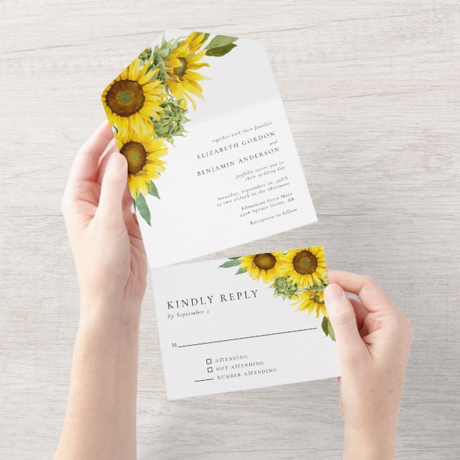 Invitación Todo En Uno Elegante Boda de girasol acuarela Floral RSVP (desgarro)
