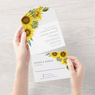 Invitación Todo En Uno Elegante Boda de girasol acuarela Floral RSVP