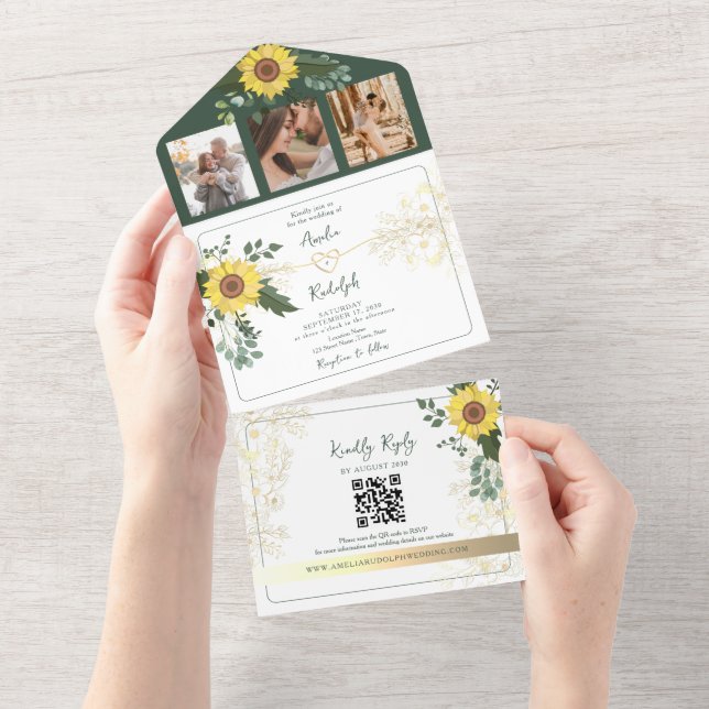 Invitación Todo En Uno Elegante Boda de girasoles botánicos verdes (desgarro)