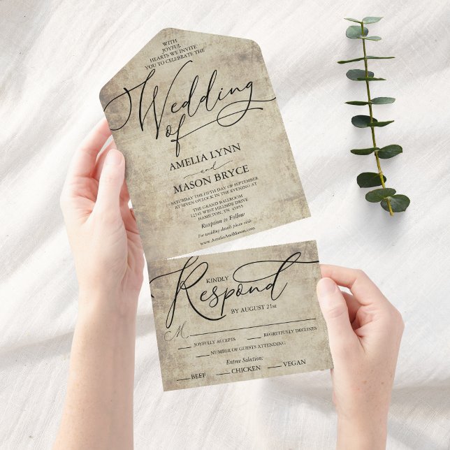 Invitación Todo En Uno Elegante Boda de guión de caligrafía (Elegant Vintage Calligraphy Script All in One Wedding Invitation)