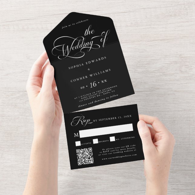 Invitación Todo En Uno Elegante Boda de guión de caracteres negro (desgarro)