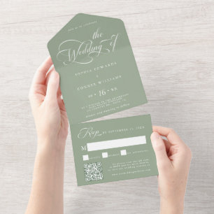 Invitación Todo En Uno Elegante Boda de guión de caracteres Sage Green