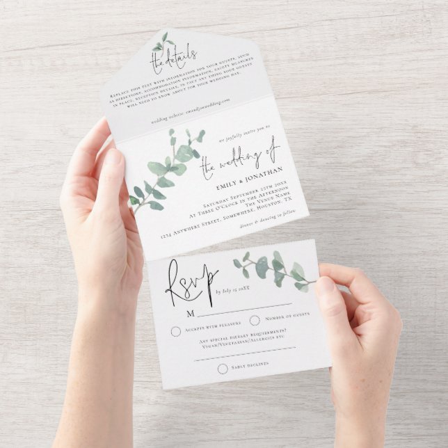 Invitación Todo En Uno Elegante Boda de guión de eucalipto verde (desgarro)