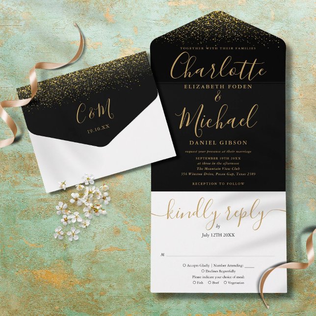 Invitación Todo En Uno Elegante Boda De Guión Negro Y Purpurina De Oro (Subido por el creador)