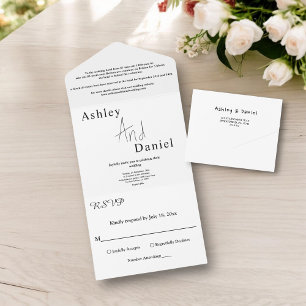 Invitación Todo En Uno Elegante Boda de guiones de caligrafía blanca y ne