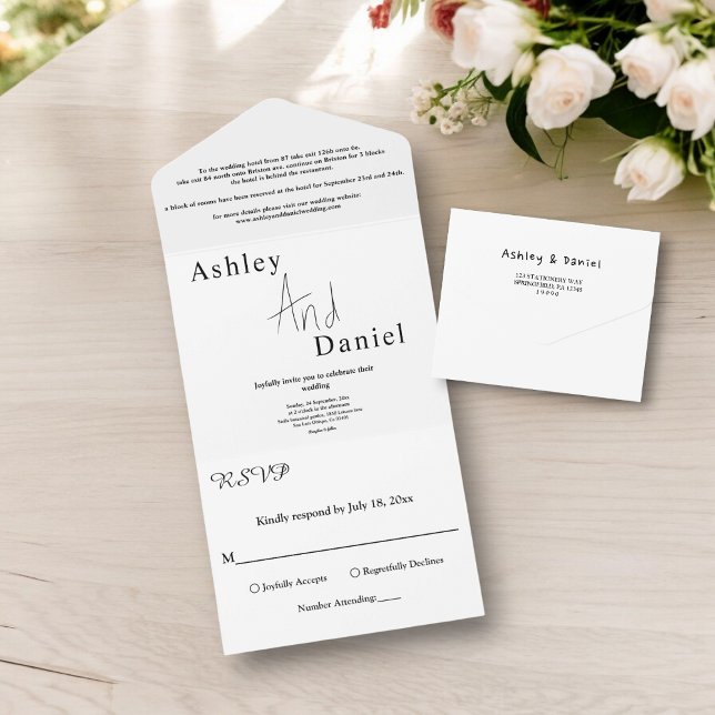 Invitación Todo En Uno Elegante Boda de guiones de caligrafía blanca y ne (Subido por el creador)