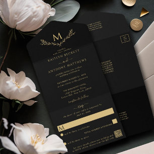 Invitación Todo En Uno Elegante Boda de guirnaldas de monograma negro y o