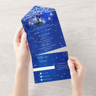 Invitación Todo En Uno Elegante Boda de hojas del corazón azul real todo 