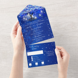 Invitación Todo En Uno Elegante Boda de hojas del corazón azul real todo