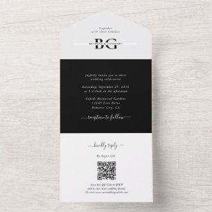 Invitación Todo En Uno Elegante Boda de Iniciales de Monograma Blanco y N