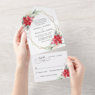 Invitación Todo En Uno Elegante Boda de invierno de Poinsettia Greenery