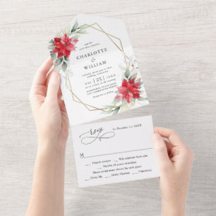 Invitación Todo En Uno Elegante Boda de invierno de Poinsettia Greenery