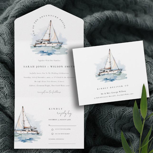 Invitación Todo En Uno Elegante Boda de la capa marina del barco de vela  (Subido por el creador)