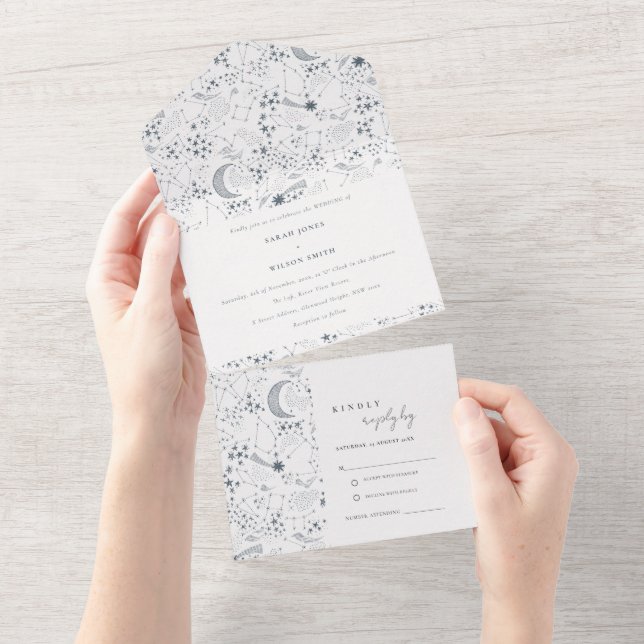 Invitación Todo En Uno Elegante Boda de la Luna de la Marina Celeste Star (desgarro)