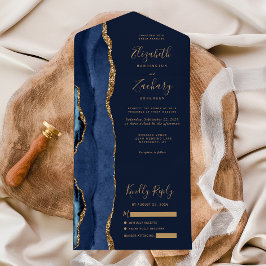 Invitación Todo En Uno Elegante Boda de la Marina Blue Gold Agate