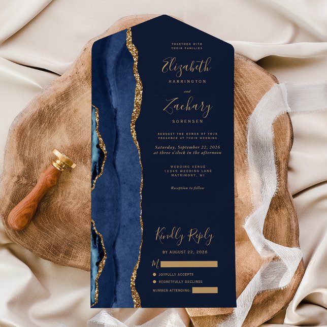 Invitación Todo En Uno Elegante Boda de la Marina Blue Gold Agate (Subido por el creador)