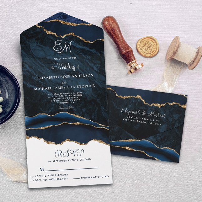 Invitación Todo En Uno Elegante Boda de la Marina de Monograma Azul Agate (Subido por el creador)