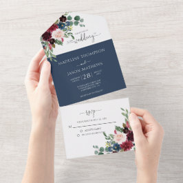 Invitación Todo En Uno Elegante Boda de la Marina Floral Azul Borgoña