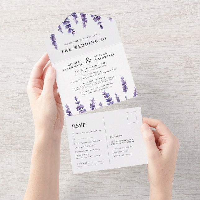 Invitación Todo En Uno Elegante boda de lavanda floral (desgarro)