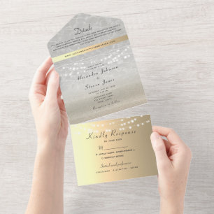 Invitación Todo En Uno Elegante Boda de luces de cadena dorada