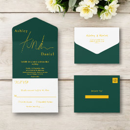 Invitación Todo En Uno Elegante Boda De Lujo Verde Y Oro