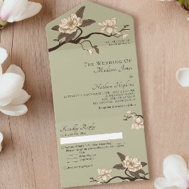 Invitación Todo En Uno Elegante Boda de Magnolia Verde Mínimo Vintage