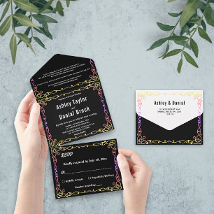 Invitación Todo En Uno Elegante Boda De Marco De Color Negro Y Blanco Bri