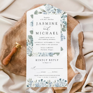 Invitación Todo En Uno Elegante Boda de Marco Floral Azul Polvoriento