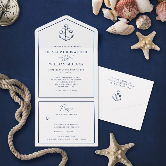 Invitación Todo En Uno Elegante Boda de marco monograma de ancla náutica (Subido por el creador)
