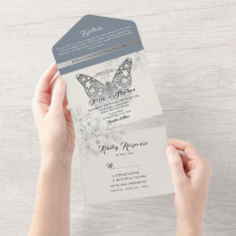 Invitación Todo En Uno Elegante Boda de mariposa azul turquesa