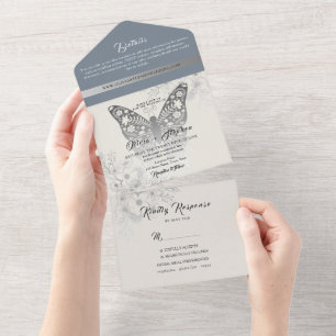 Invitación Todo En Uno Elegante Boda de mariposa azul turquesa