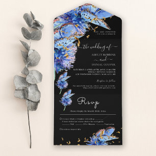 Invitación Todo En Uno Elegante Boda de mariposas azules negras