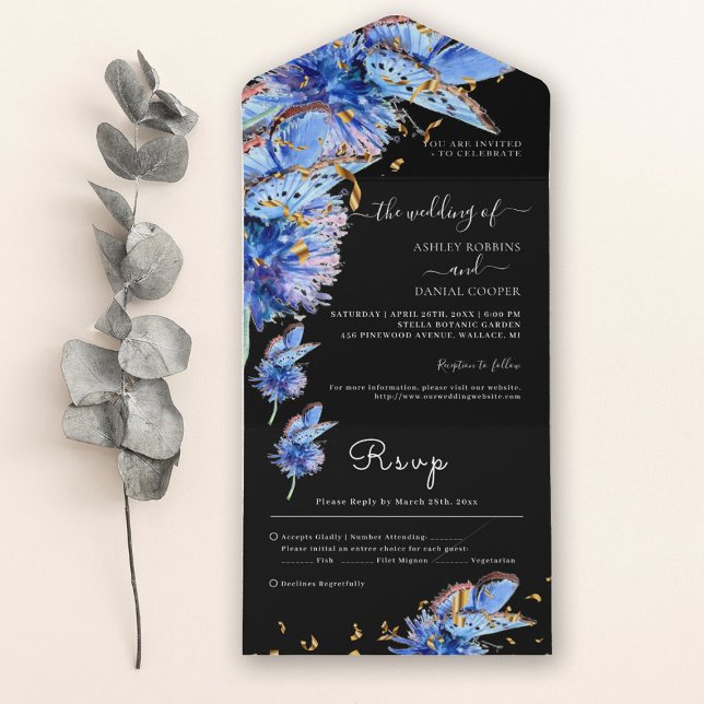 Invitación Todo En Uno Elegante Boda de mariposas azules negras (Subido por el creador)