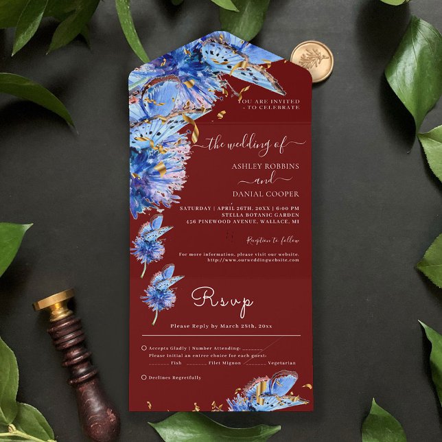 Invitación Todo En Uno Elegante Boda de mariposas de Borgoña (Subido por el creador)