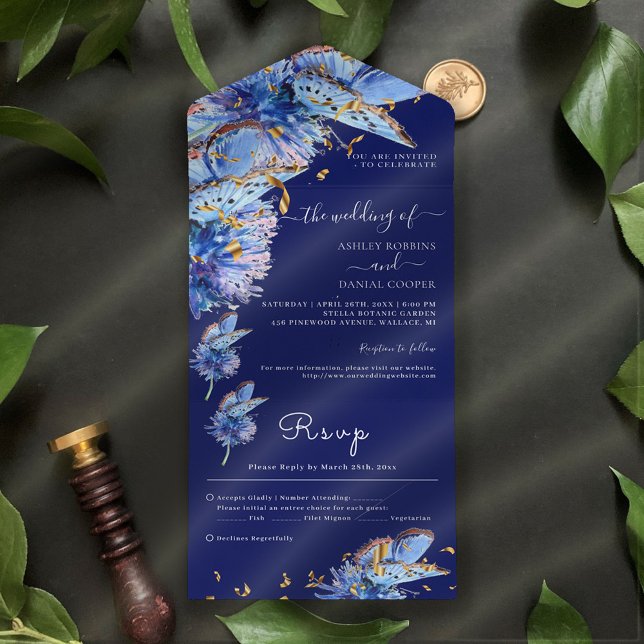 Invitación Todo En Uno Elegante Boda de mariposas de la Marina (Subido por el creador)
