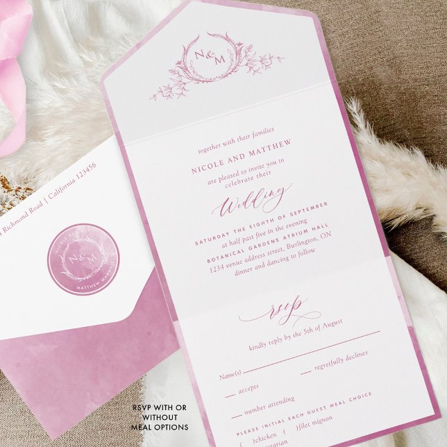 Invitación Todo En Uno Elegante Boda de Mauve Monograma y acuarela rosa (Subido por el creador)
