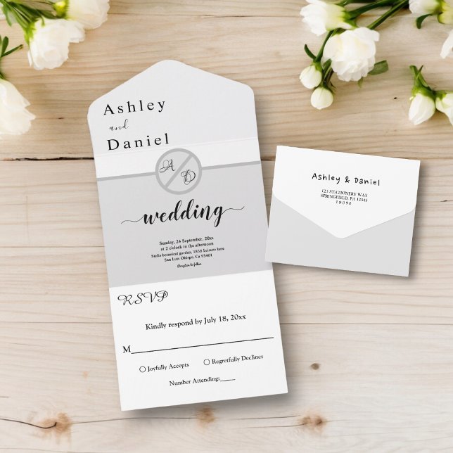 Invitación Todo En Uno Elegante Boda De Moda Gris En Monograma Blanco Y N (Subido por el creador)