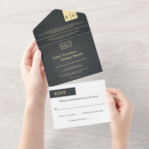 Invitación Todo En Uno Elegante Boda De Moda Moderna Negra Y Oro