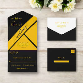 Invitación Todo En Uno Elegante Boda De Moda Negra Y Dorada De Lujo